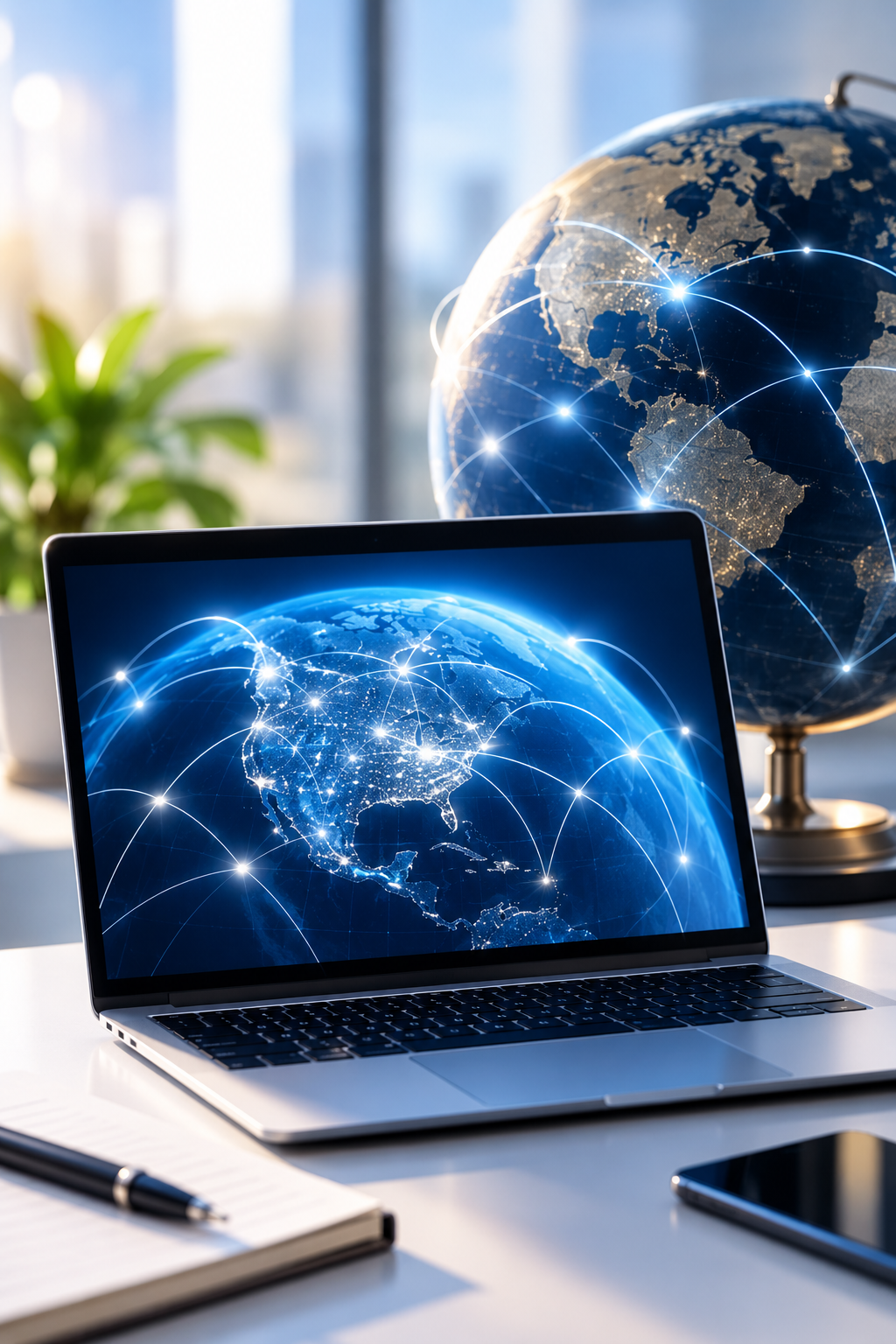 Laptop and connected globe representing domain name registration and global web connectivity